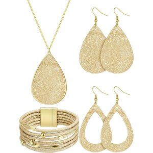 4 Pcs Jewelry Sets for Women Glitter Necklace and Earring Set Multi Layer Bracel